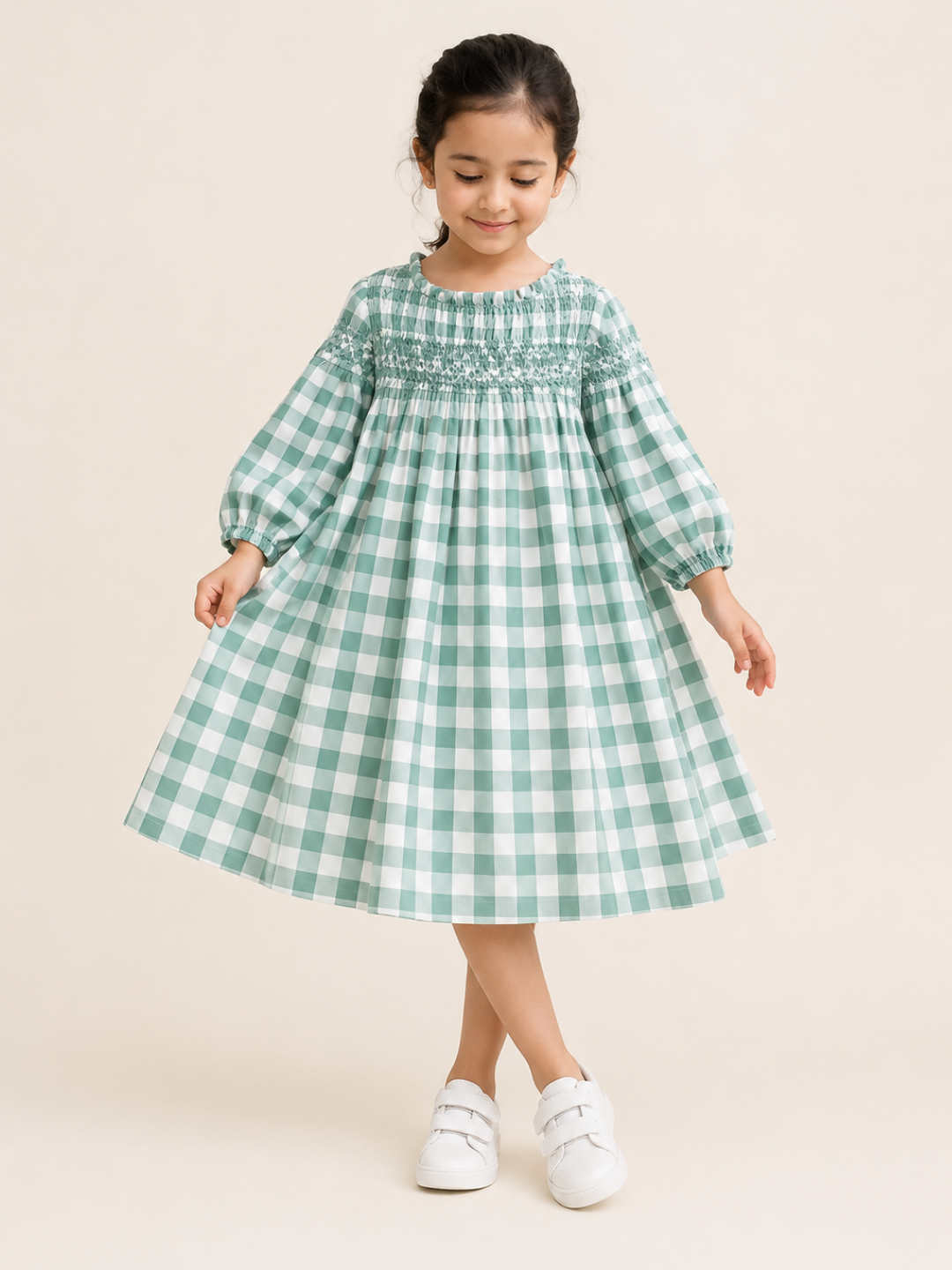 Toddler Girls Mint Green Gingham Smocked Dress with Long Sleeves | Classic Cotton Check Dress for Kids (2–8 Years)