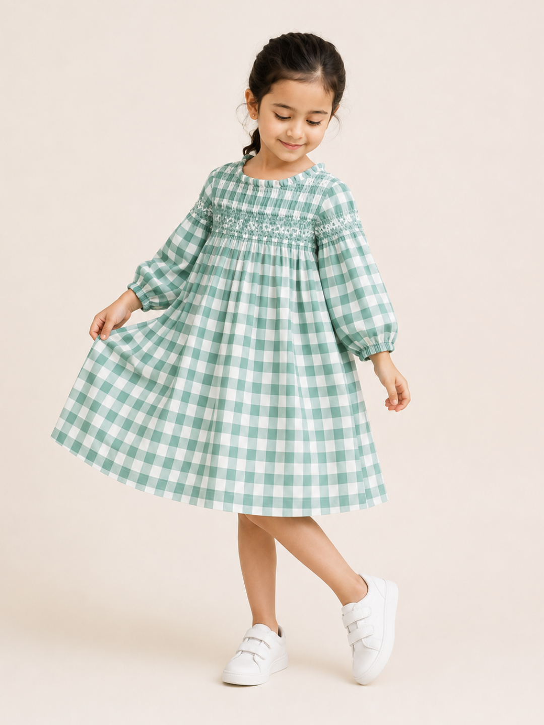 Toddler Girls Mint Green Gingham Smocked Dress with Long Sleeves | Classic Cotton Check Dress for Kids (2–8 Years)