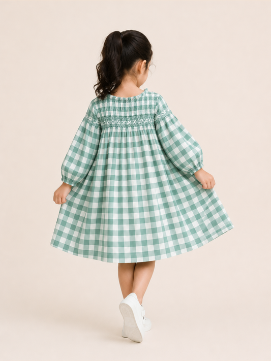 Toddler Girls Mint Green Gingham Smocked Dress with Long Sleeves | Classic Cotton Check Dress for Kids (2–8 Years)