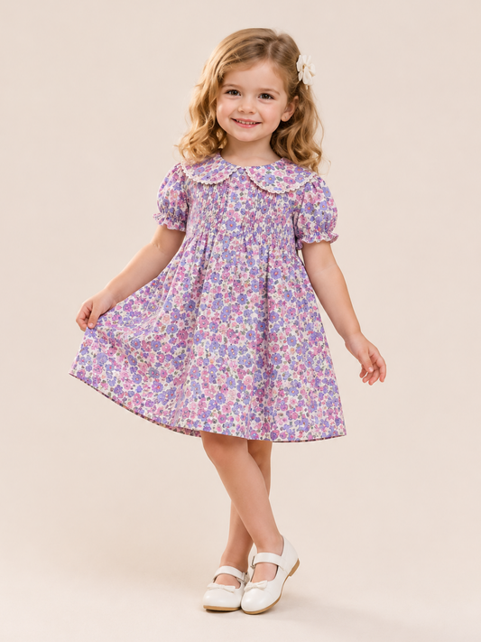 Toddler Girls Purple Floral Peter Pan Collar Dress | Cotton Smocked Party Dress for Kids (2–8 Years)