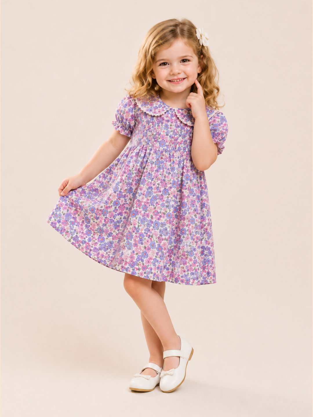 Toddler Girls Purple Floral Peter Pan Collar Dress | Cotton Smocked Party Dress for Kids (2–8 Years)