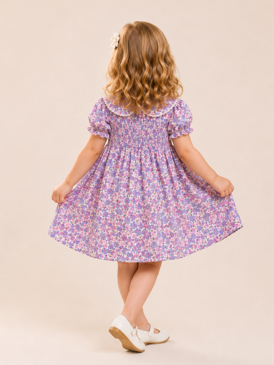 Toddler Girls Purple Floral Peter Pan Collar Dress | Cotton Smocked Party Dress for Kids (2–8 Years)