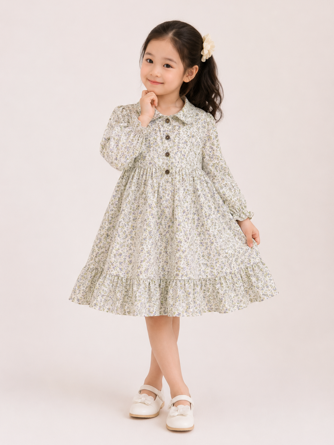 Toddler Girls Sage Floral Button-Front Dress with Long Sleeves | Vintage Cotton Ruffle Dress for Kids (2–8 Years)