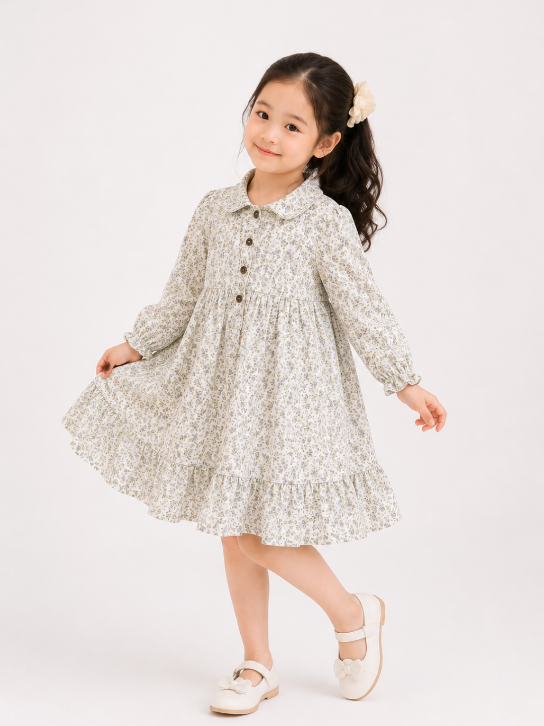 Toddler Girls Sage Floral Button-Front Dress with Long Sleeves | Vintage Cotton Ruffle Dress for Kids (2–8 Years)
