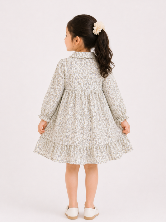 Toddler Girls Sage Floral Button-Front Dress with Long Sleeves | Vintage Cotton Ruffle Dress for Kids (2–8 Years)