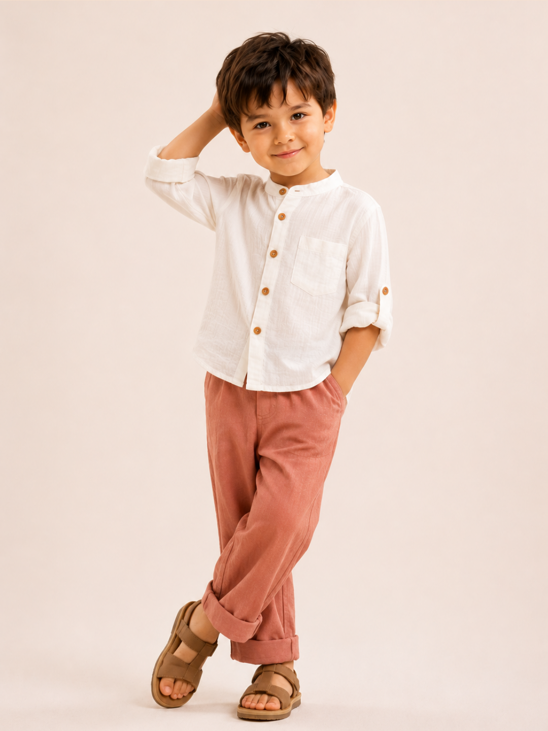 Toddler Boys White Mandarin Collar Shirt with Rust Cotton Pants | Linen Look Summer Co-Ord Set for Kids (2–12 Years)