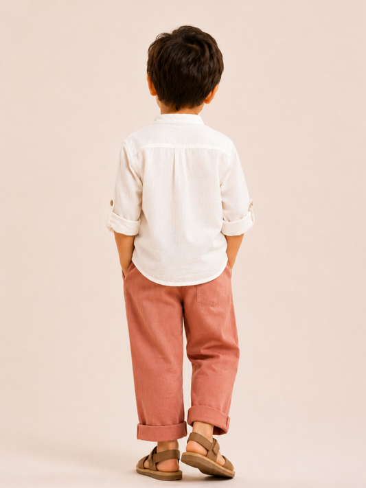 Toddler Boys White Mandarin Collar Shirt with Rust Cotton Pants | Linen Look Summer Co-Ord Set for Kids (2–12 Years)