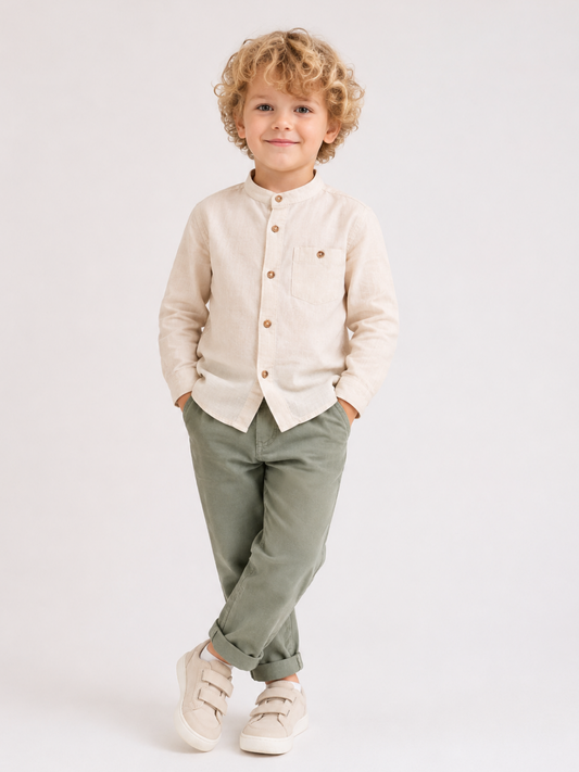 Toddler Boys Beige Mandarin Collar Shirt with Sage Green Cotton Pants | Premium Linen Look Co-Ord Set for Kids (2–12 Years)