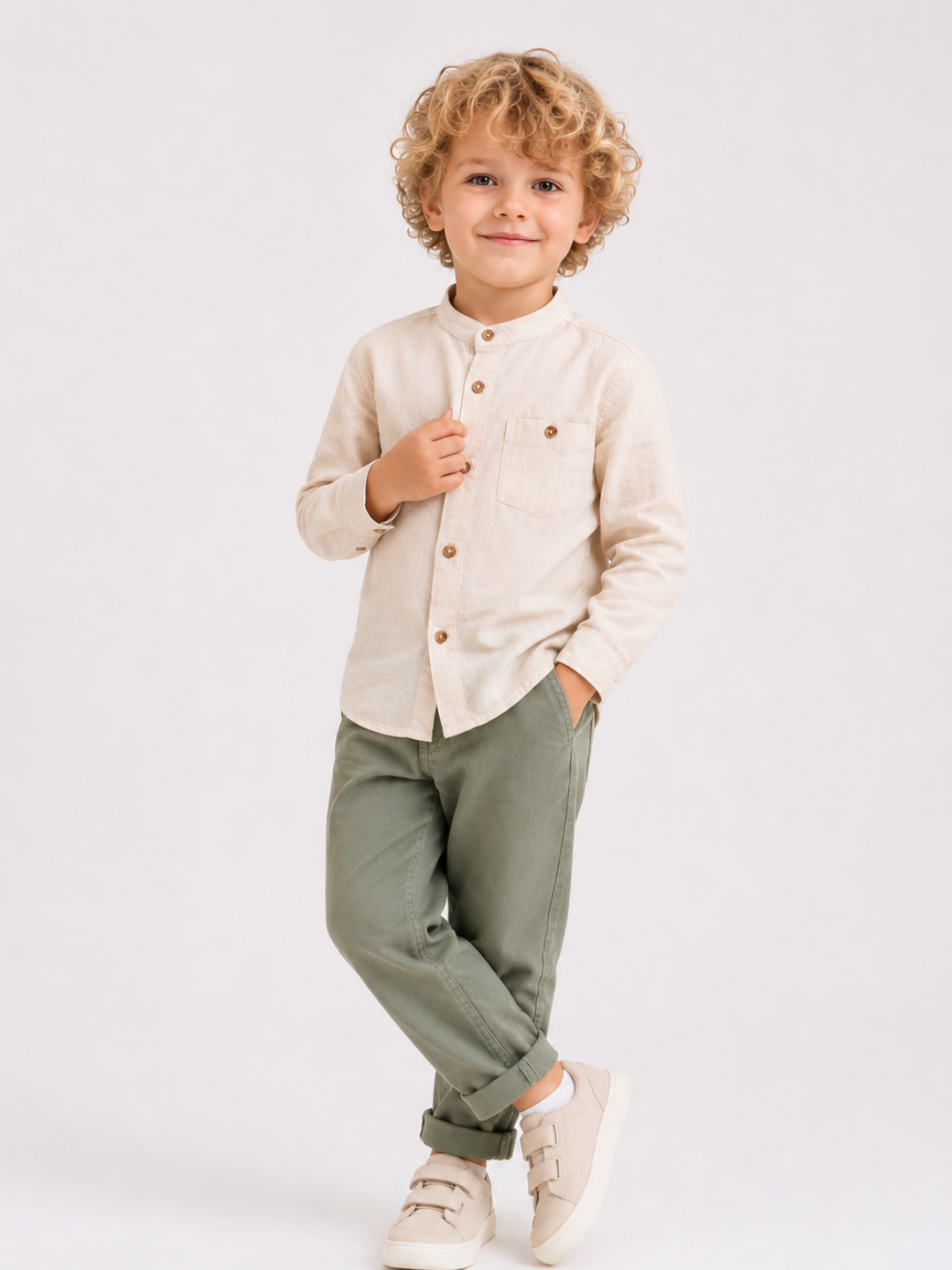 Toddler Boys Beige Mandarin Collar Shirt with Sage Green Cotton Pants | Premium Linen Look Co-Ord Set for Kids (2–12 Years)