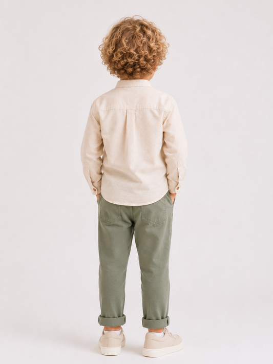 Toddler Boys Beige Mandarin Collar Shirt with Sage Green Cotton Pants | Premium Linen Look Co-Ord Set for Kids (2–12 Years)