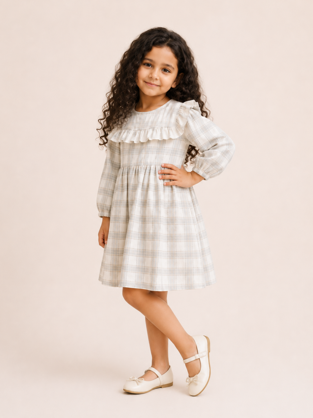 Girls Grey Plaid Ruffle Dress | Elegant Long Sleeve Cotton Party Dress for Toddlers & Kids (2–8 Years)