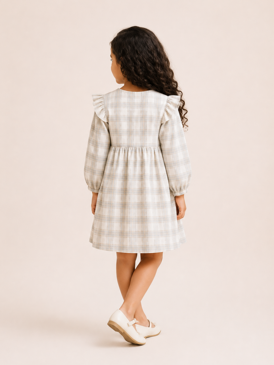 Girls Grey Plaid Ruffle Dress | Elegant Long Sleeve Cotton Party Dress for Toddlers & Kids (2–8 Years)