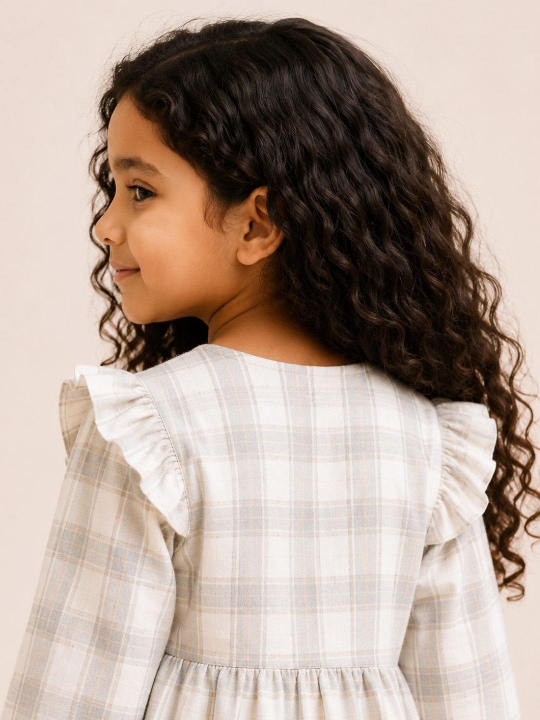 Girls Grey Plaid Ruffle Dress | Elegant Long Sleeve Cotton Party Dress for Toddlers & Kids (2–8 Years)