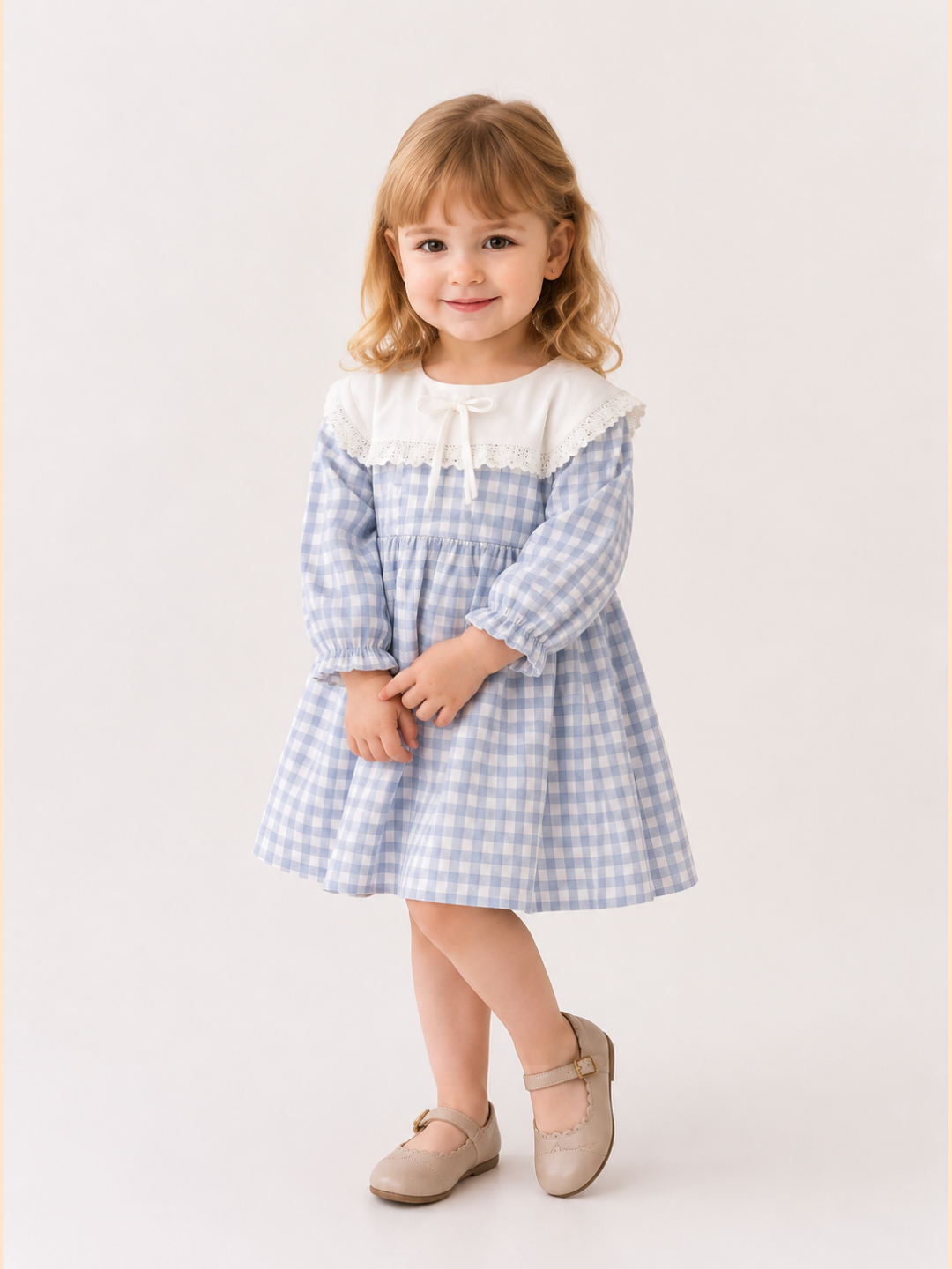 Girls Blue Gingham Dress with White Lace Yoke | Elegant Full Sleeve Cotton Party Dress for Toddlers & Kids (2–8 Years)