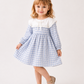 Girls Blue Gingham Dress with White Lace Yoke | Elegant Full Sleeve Cotton Party Dress for Toddlers & Kids (2–8 Years)