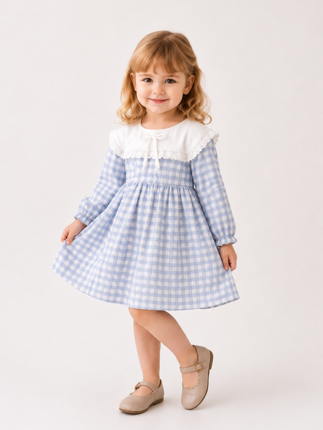 Girls Blue Gingham Dress with White Lace Yoke | Elegant Full Sleeve Cotton Party Dress for Toddlers & Kids (2–8 Years)