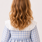 Girls Blue Gingham Dress with White Lace Yoke | Elegant Full Sleeve Cotton Party Dress for Toddlers & Kids (2–8 Years)