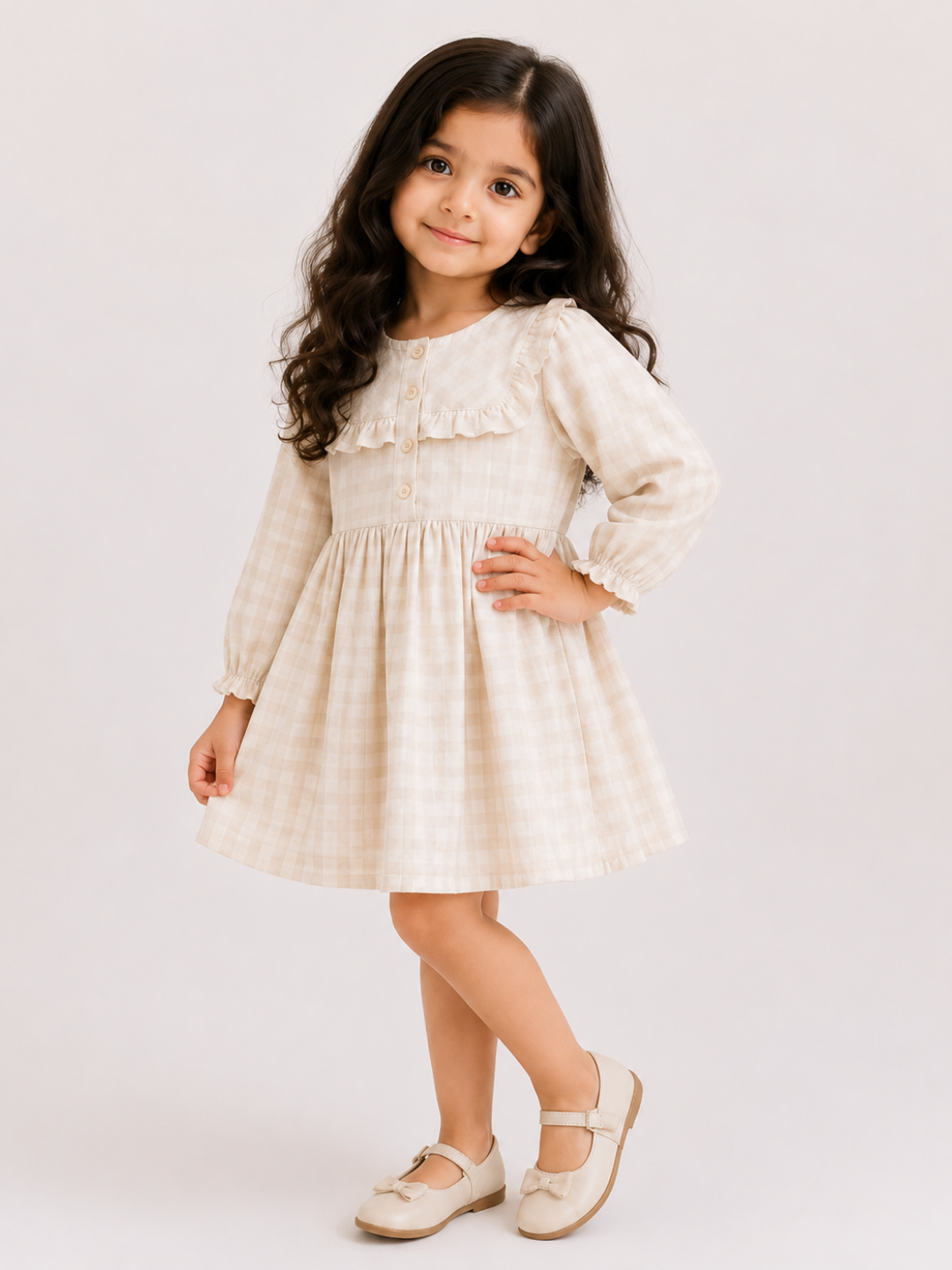 Girls Beige Gingham Ruffle Dress | Elegant Full Sleeve Cotton Check Dress for Toddlers & Kids (2–8 Years)
