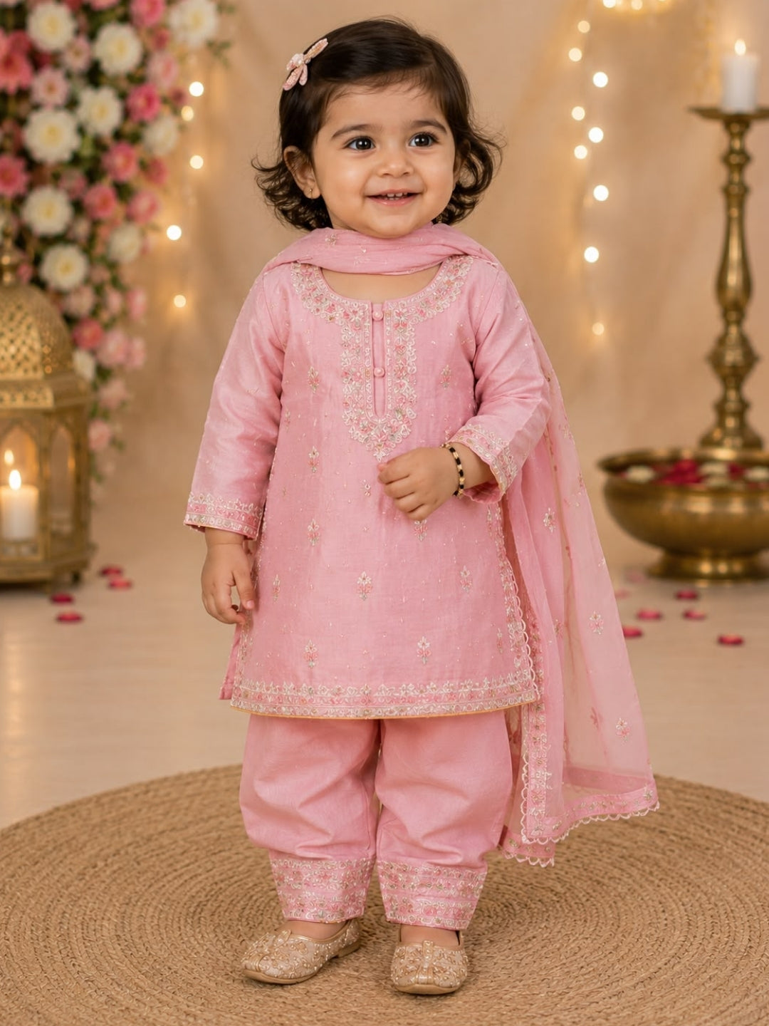 Baby Girls Pink Embroidered Kurta Patiala Set with Dupatta | Kids Ethnic Wear Suit | Traditional Party Wear Dress (1–8 Years)