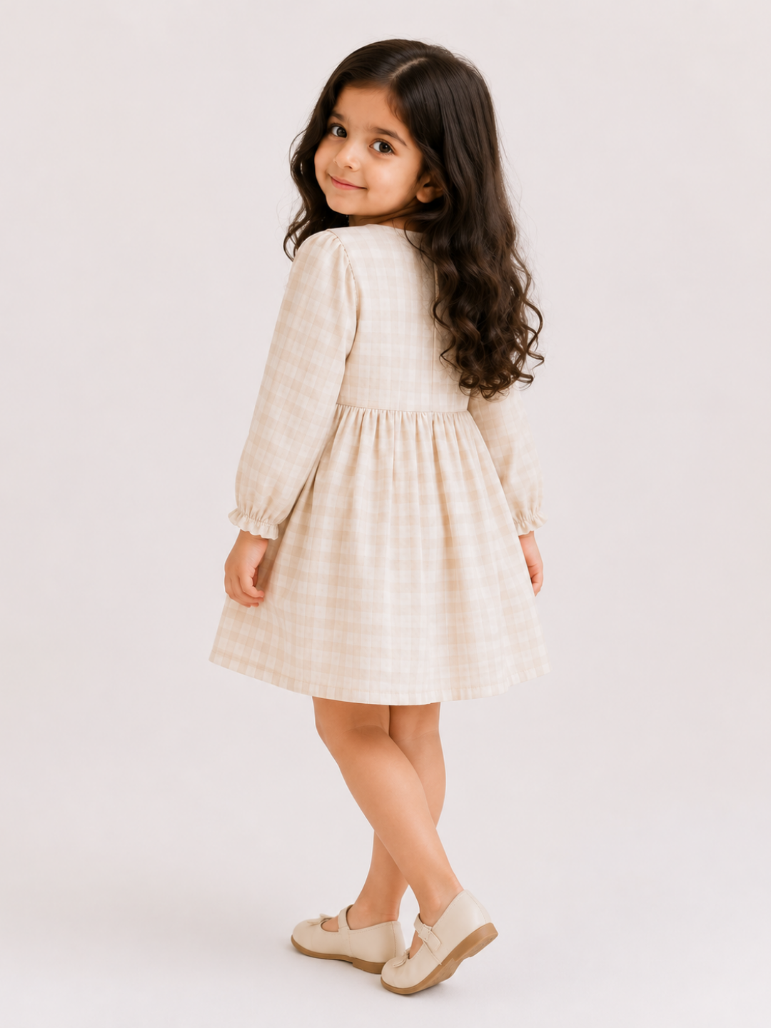 Girls Beige Gingham Ruffle Dress | Elegant Full Sleeve Cotton Check Dress for Toddlers & Kids (2–8 Years)