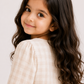 Girls Beige Gingham Ruffle Dress | Elegant Full Sleeve Cotton Check Dress for Toddlers & Kids (2–8 Years)
