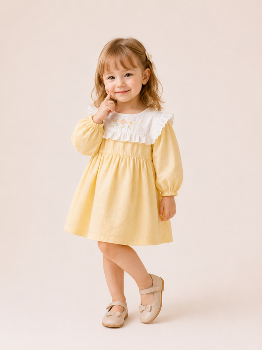 Girls Pastel Yellow Ruffle Yoke Dress | Elegant Full Sleeve Cotton Party Dress for Toddlers & Kids (2–8 Years)