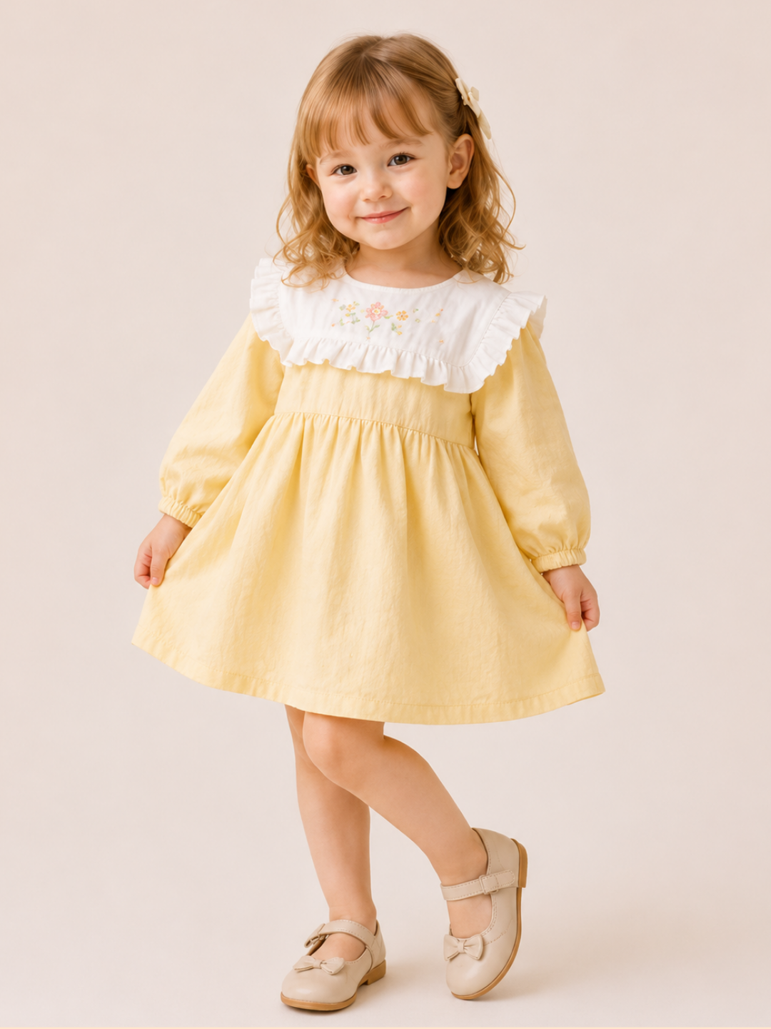 Girls Pastel Yellow Ruffle Yoke Dress | Elegant Full Sleeve Cotton Party Dress for Toddlers & Kids (2–8 Years)