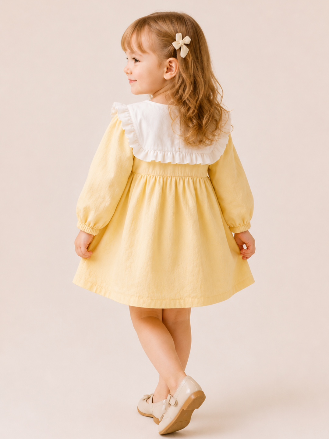 Girls Pastel Yellow Ruffle Yoke Dress | Elegant Full Sleeve Cotton Party Dress for Toddlers & Kids (2–8 Years)