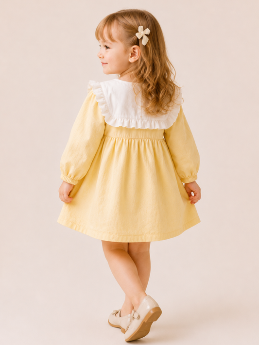 Girls Pastel Yellow Ruffle Yoke Dress | Elegant Full Sleeve Cotton Party Dress for Toddlers & Kids (2–8 Years)