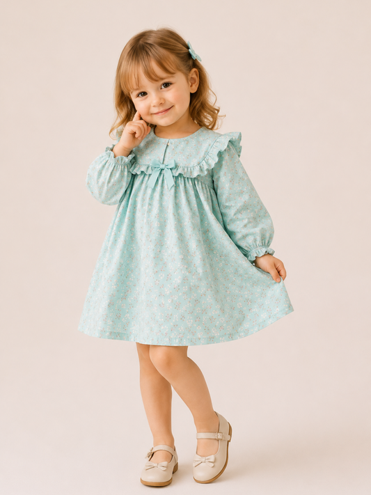 Girls Mint Green Floral Ruffle Dress | Elegant Full Sleeve Cotton Party Dress for Toddlers & Kids (2–8 Years)