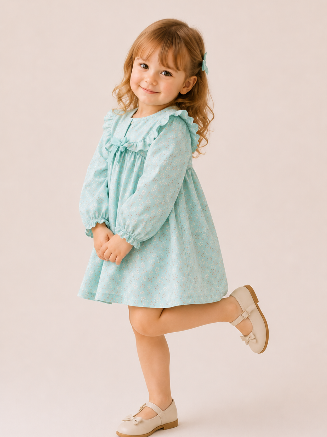 Girls Mint Green Floral Ruffle Dress | Elegant Full Sleeve Cotton Party Dress for Toddlers & Kids (2–8 Years)
