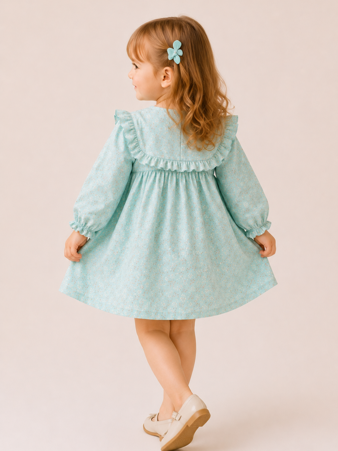 Girls Mint Green Floral Ruffle Dress | Elegant Full Sleeve Cotton Party Dress for Toddlers & Kids (2–8 Years)
