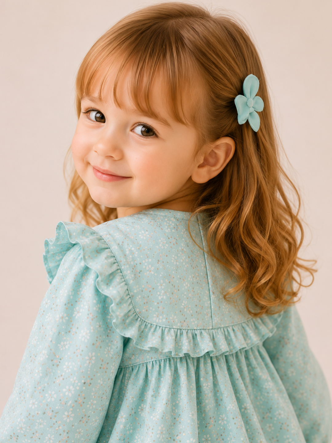 Girls Mint Green Floral Ruffle Dress | Elegant Full Sleeve Cotton Party Dress for Toddlers & Kids (2–8 Years)