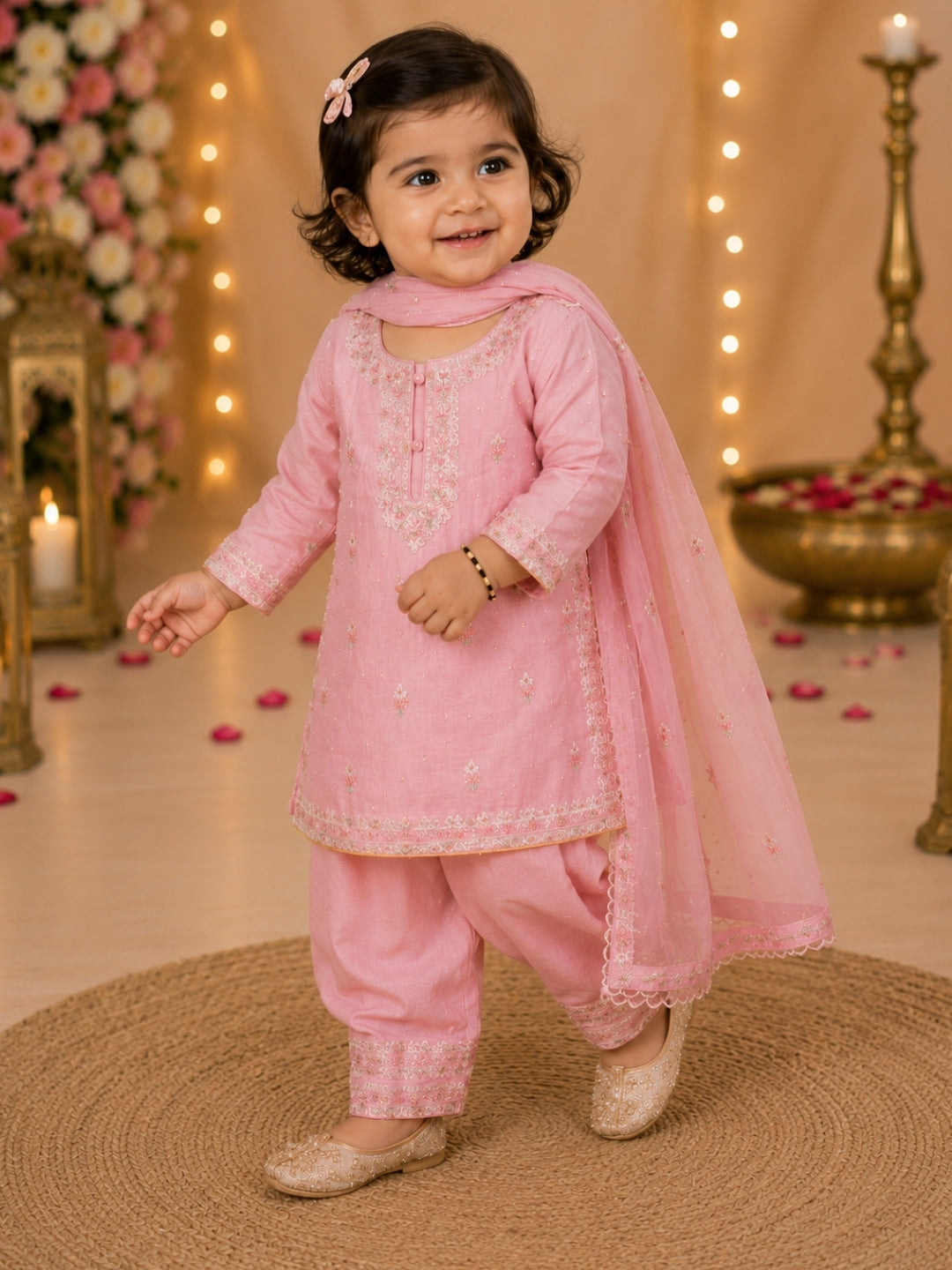 Baby Girls Pink Embroidered Kurta Patiala Set with Dupatta | Kids Ethnic Wear Suit | Traditional Party Wear Dress (1–8 Years)