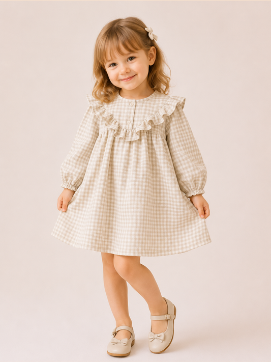 Girls Beige Gingham Ruffle Dress | Elegant Full Sleeve Cotton Frock for Toddlers & Kids (2–8 Years)