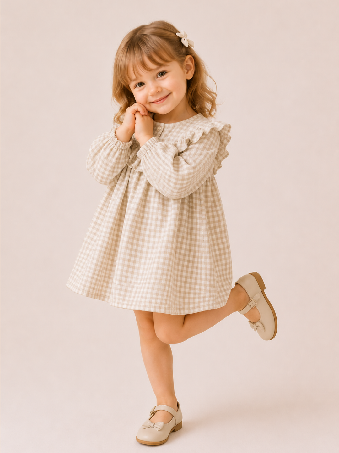 Girls Beige Gingham Ruffle Dress | Elegant Full Sleeve Cotton Frock for Toddlers & Kids (2–8 Years)