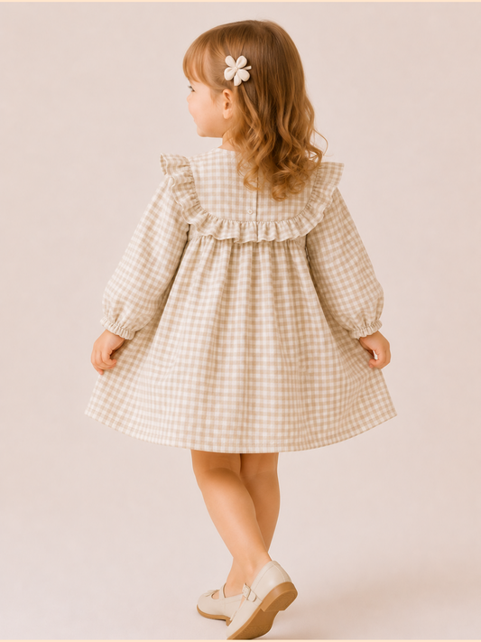Girls Beige Gingham Ruffle Dress | Elegant Full Sleeve Cotton Frock for Toddlers & Kids (2–8 Years)