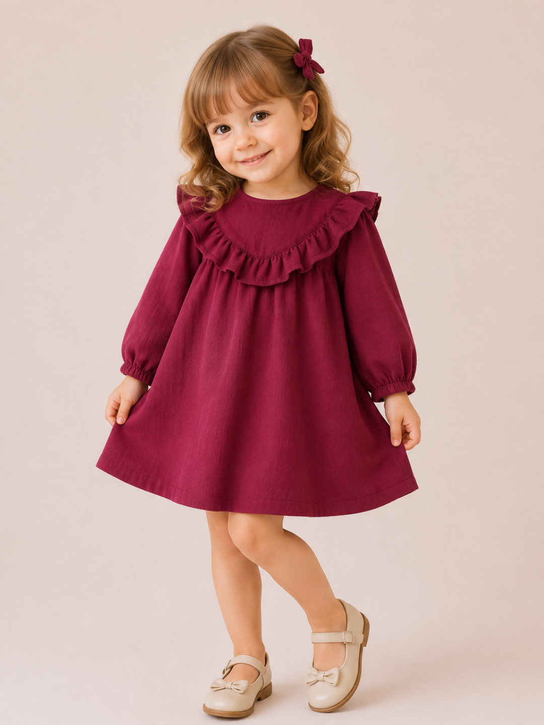 Girls Wine Red Ruffle Dress | Elegant Full Sleeve Cotton Frock for Toddlers & Kids (2–8 Years)