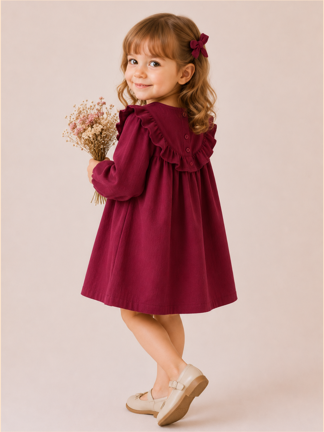 Girls Wine Red Ruffle Dress | Elegant Full Sleeve Cotton Frock for Toddlers & Kids (2–8 Years)