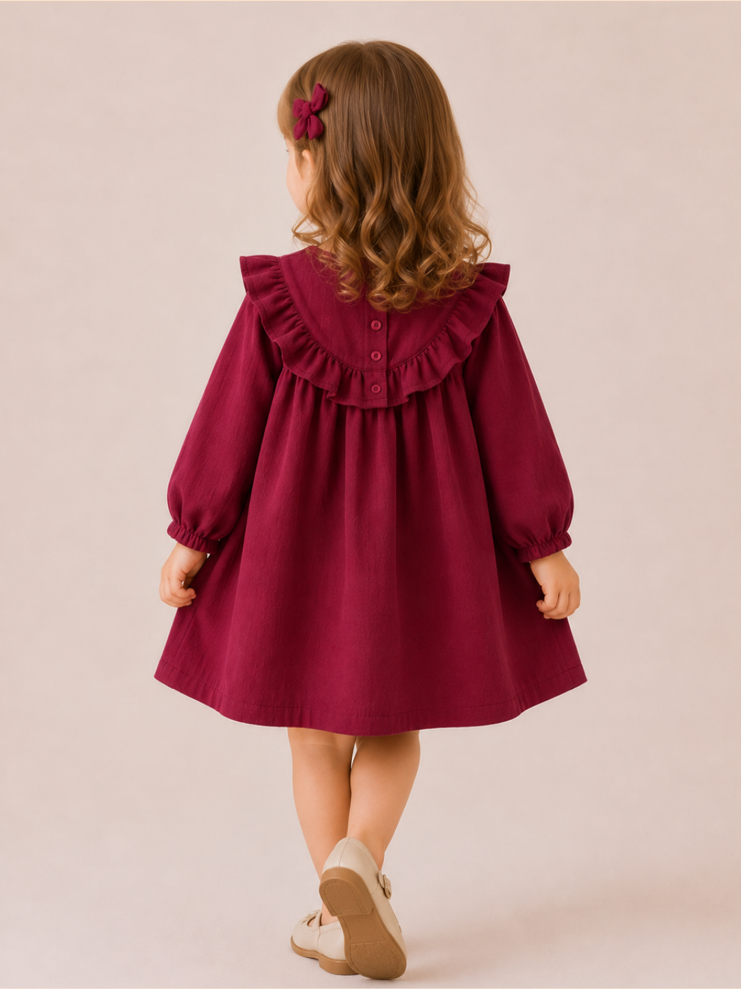 Girls Wine Red Ruffle Dress | Elegant Full Sleeve Cotton Frock for Toddlers & Kids (2–8 Years)