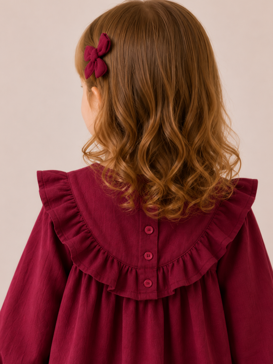 Girls Wine Red Ruffle Dress | Elegant Full Sleeve Cotton Frock for Toddlers & Kids (2–8 Years)