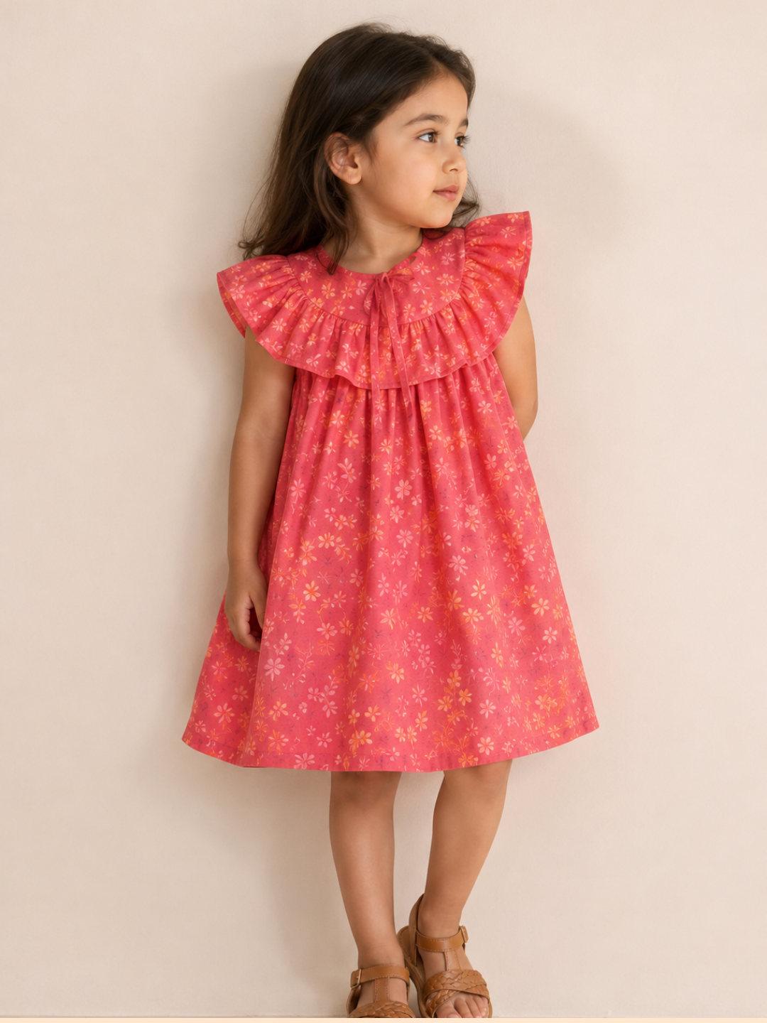 Girls Coral Pink Floral Print Ruffle Dress | Sleeveless Cotton Party Frock for Toddlers & Kids (1–5 Years)