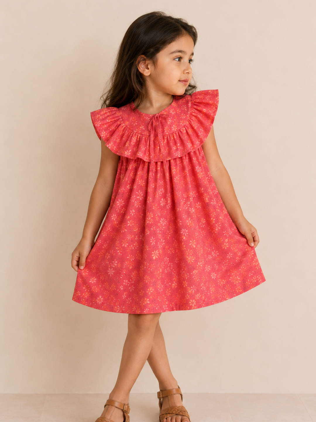 Girls Coral Pink Floral Print Ruffle Dress | Sleeveless Cotton Party Frock for Toddlers & Kids (1–5 Years)