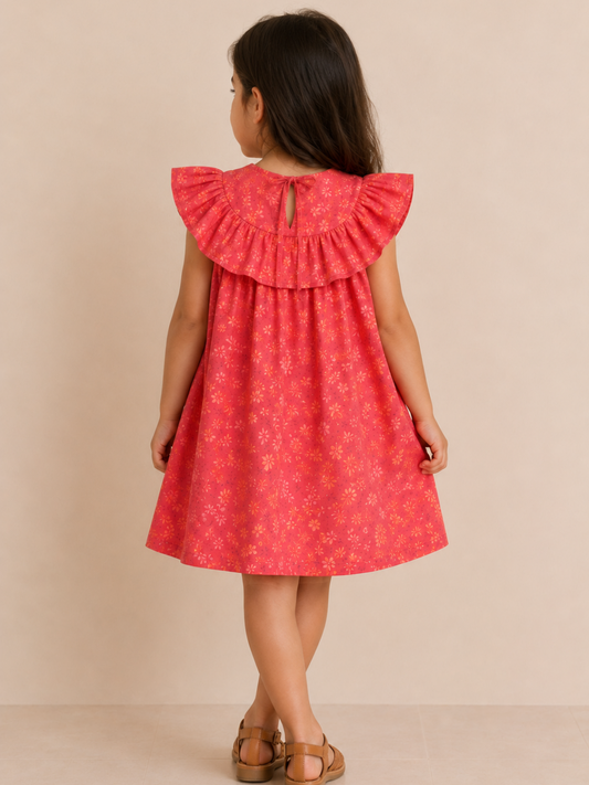 Girls Coral Pink Floral Print Ruffle Dress | Sleeveless Cotton Party Frock for Toddlers & Kids (1–5 Years)