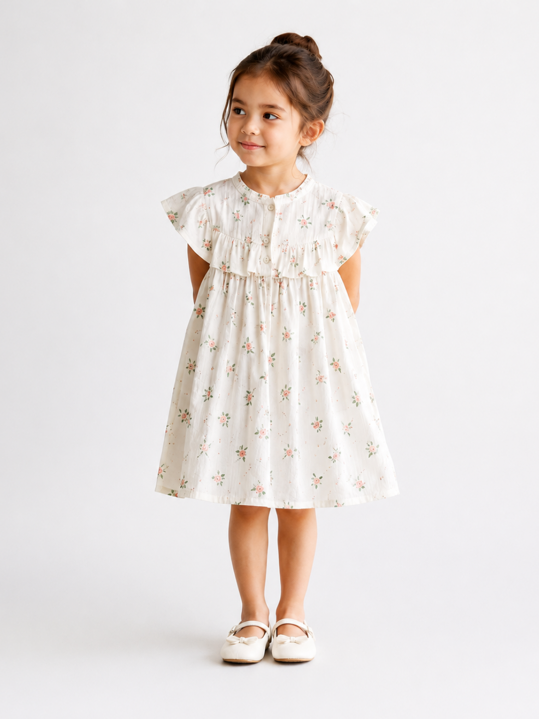 Girls White Floral Print Ruffle Dress | Soft Cotton Sleeveless Summer Frock for Toddlers & Kids (1–5 Years)
