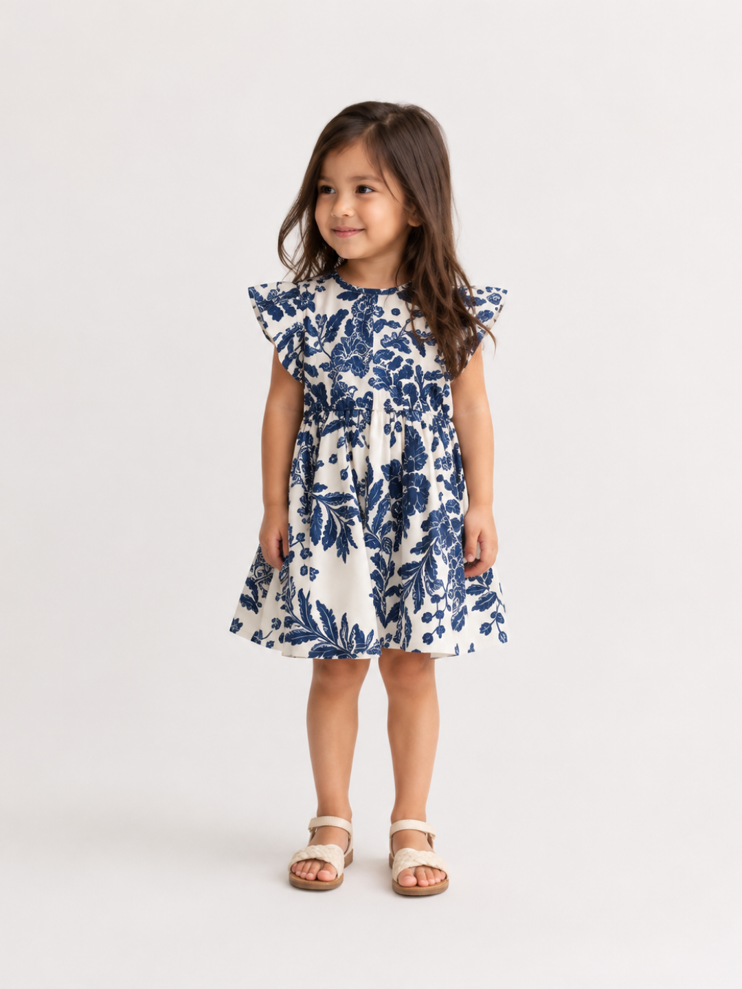 Girls Blue Floral Print Flutter Sleeve Dress | Elegant Cotton Summer Frock for Toddlers & Kids (1–5 Years)