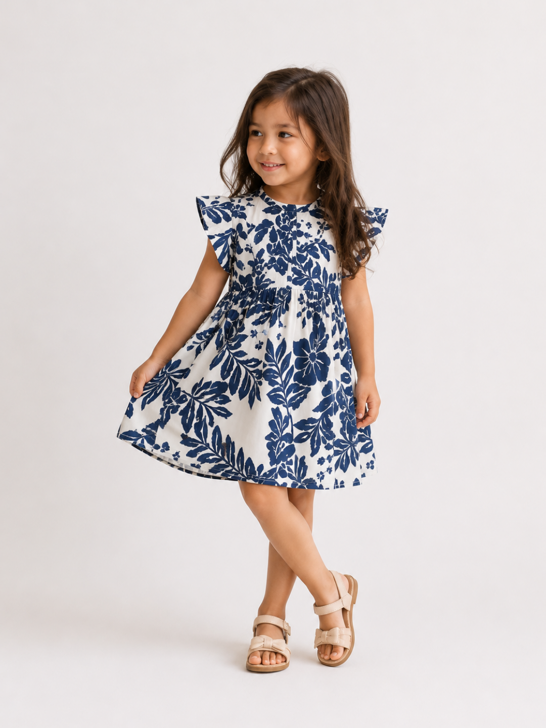 Girls Blue Floral Print Flutter Sleeve Dress | Elegant Cotton Summer Frock for Toddlers & Kids (1–5 Years)