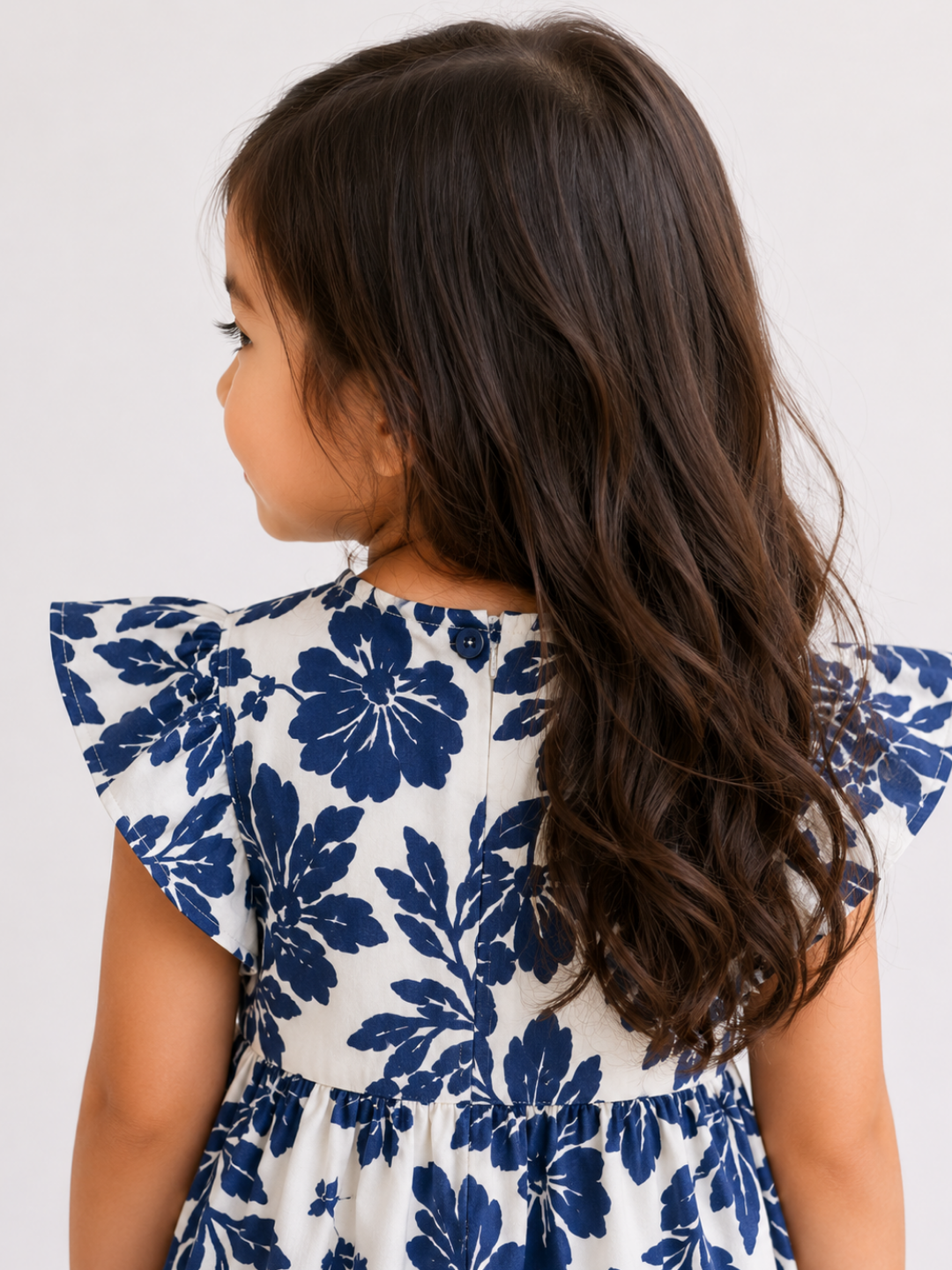 Girls Blue Floral Print Flutter Sleeve Dress | Elegant Cotton Summer Frock for Toddlers & Kids (1–5 Years)