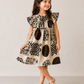 Girls Beige Abstract Print Ruffle Dress | Designer Cotton Party Frock for Toddlers & Kids (1–5 Years)