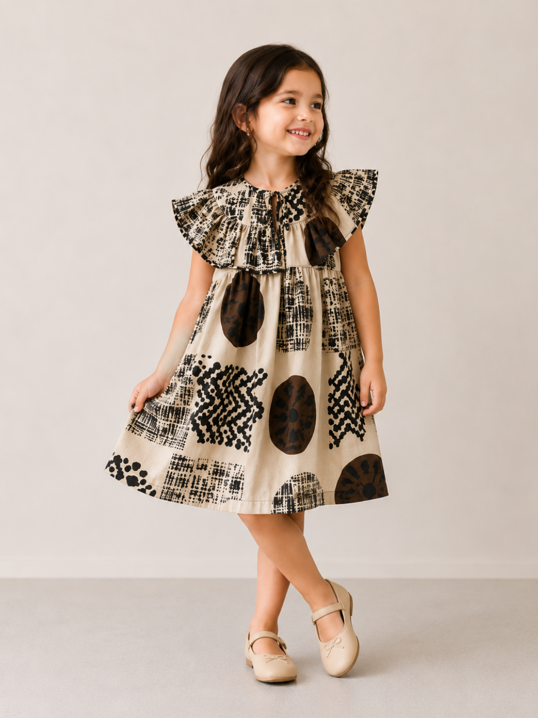 Girls Beige Abstract Print Ruffle Dress | Designer Cotton Party Frock for Toddlers & Kids (1–5 Years)